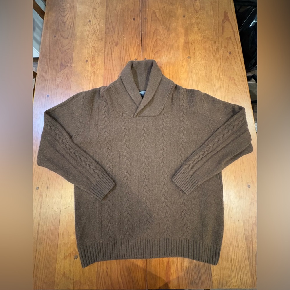 Joe Gionfriddo Mens Italy Shawl Collar Sweater Brown Wool X-Large Cable Knit